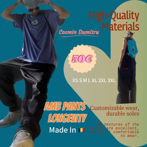 Promotional poster for 'AMB Pants Longevity' with a person wearing pants, text about high-quality materials, and pricing information.